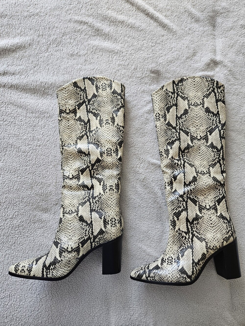 Schutz Women's Knee-High Snake Print Block Heel Boots - Black & Cream, worn once